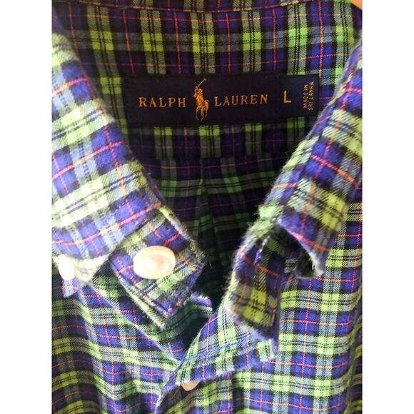 Ralph Lauren Shirt L Men's Blue Green Plaid Button down collar Orange Polo Logo - Picture 4 of 6